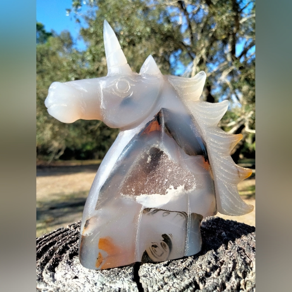Dendritic agate unicorn Crystal carving